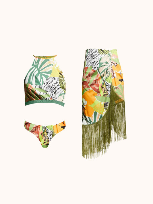 Tropical Green Printed Bikini Three Piece Set | Mix Mix Style