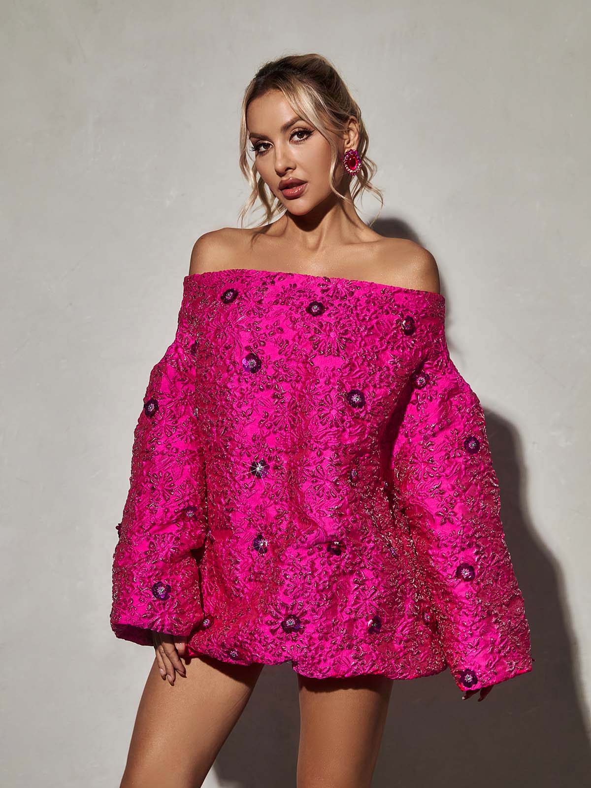 Pink Long Sleeve Jacquard Mini Dress | Mix Mix Style [Hot Seller]