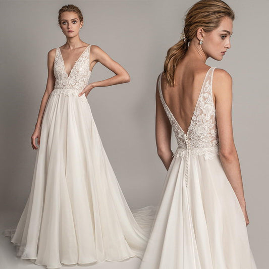 White Elegant Lace V-Back Wedding Dress | Beach Bridal Gown | Mix Mix Style [Hot Seller]