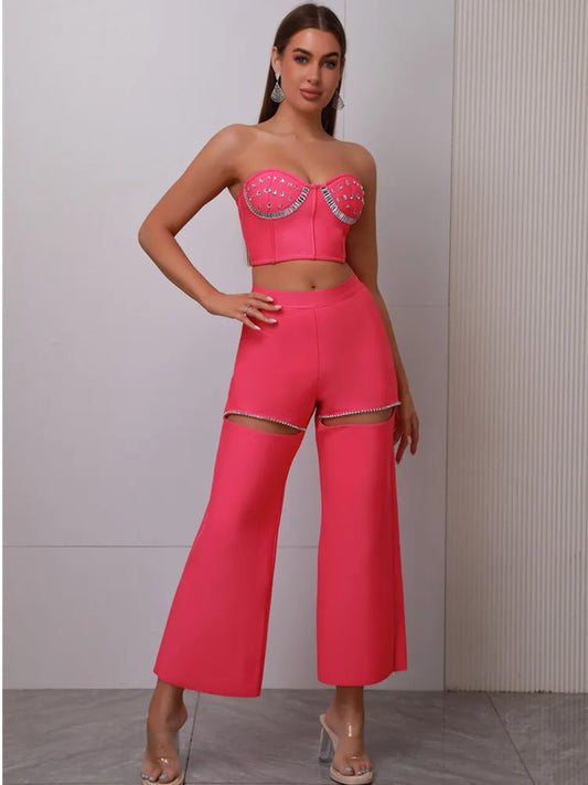 Pink Strapless Backless Cut Out Diamonate Crop Top & Pants Set | Mix Mix Style [Hot Seller]