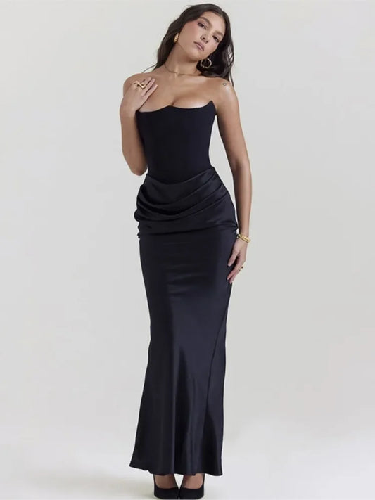 Black Strapless Bodycon Satin Pleated Maxi Dress | Mix Mix Style [Hot Seller]
