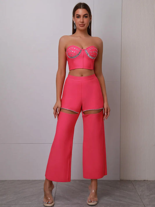 Pink Strapless Backless Cut Out Diamonate Crop Top & Pants Set | Mix Mix Style [Hot Seller]
