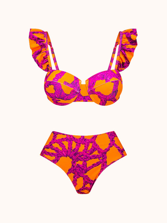 Pink Ruffle Printed Bikini Two Piece Set | Mix Mix Style