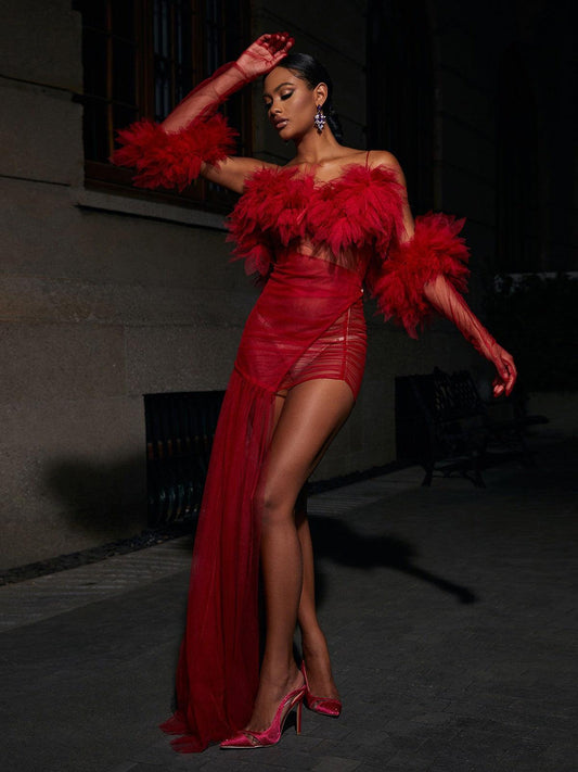 Red Spaghetti Tulle Maxi Dress With Gloves | Mix Mix Style [Hot Seller]