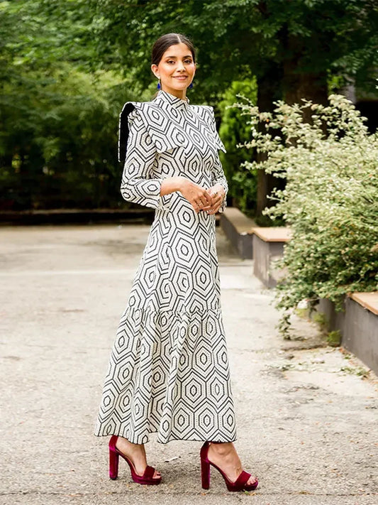 Fashion Printed High Collar Long Sleeve Maxi Dress | Mix Mix Syle [Hot Seller]