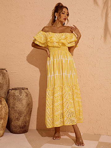 Soleil Off Shoulder Hollow Maxi Dress In Yellow