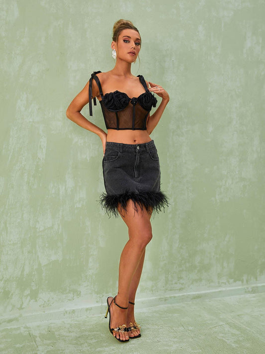 Vanille Feather Denim Mini Skirt