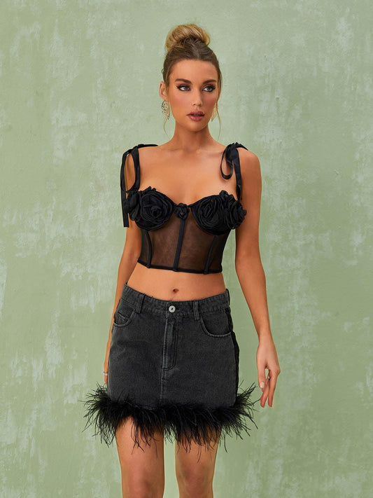 Vanille Feather Denim Mini Skirt