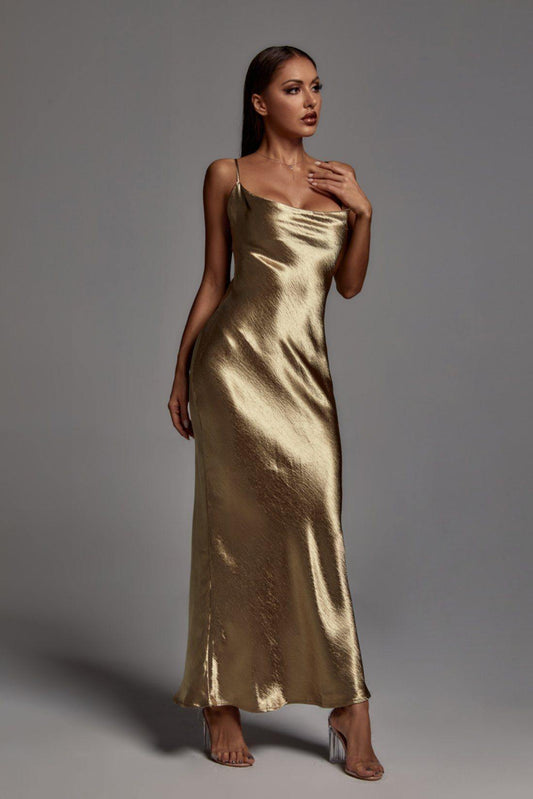 Elegant Metallic Gold Maxi Dress