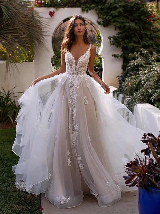 satin a line wedding dress with semi-cathedral length train