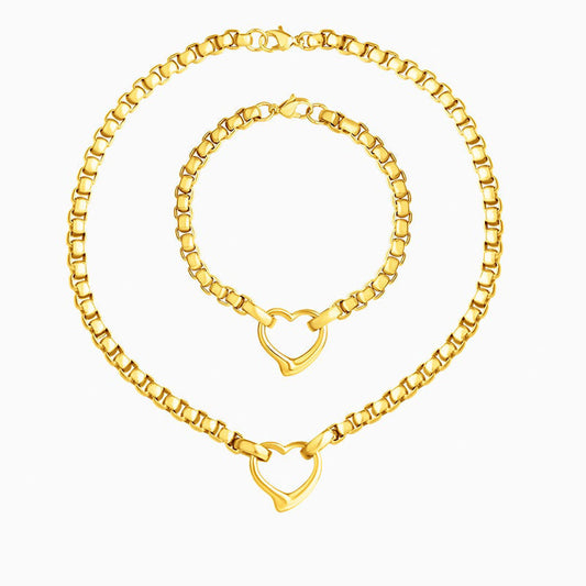 Vintage Heart Pendant Chain Bracelet & Necklace Jewelry Set | Mix Mix Style