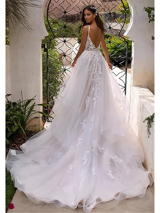 Elegant A-Line Wedding Dress | V-Neck | Strapless | Chapel Train