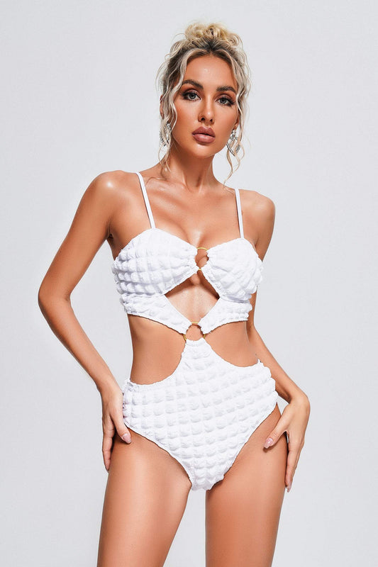 Trendy Textured White Cutout One Piece Swimsuit | Mix Mix Style