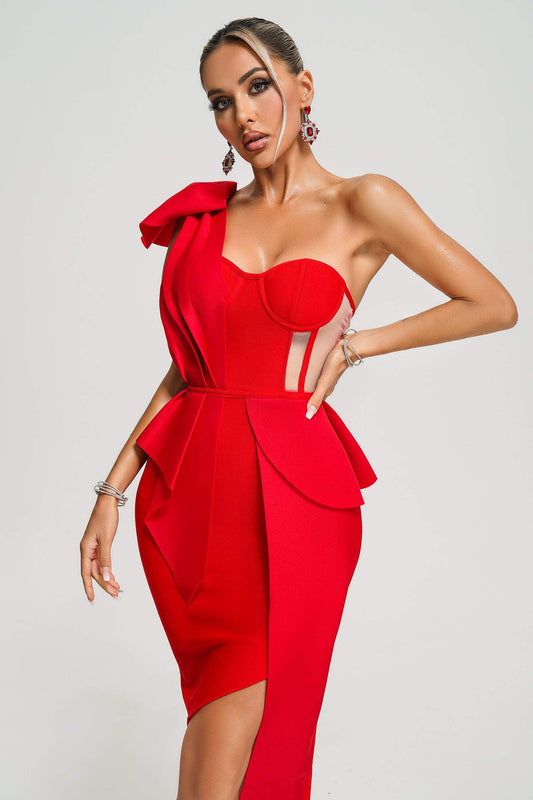 Spak One Shoulder Midi Dress - Red | Mix Mix Style