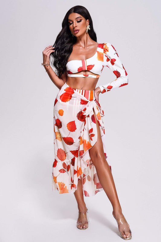 White Printed One Shoulder Swimsuit Three Piece Set | Mix Mix Style