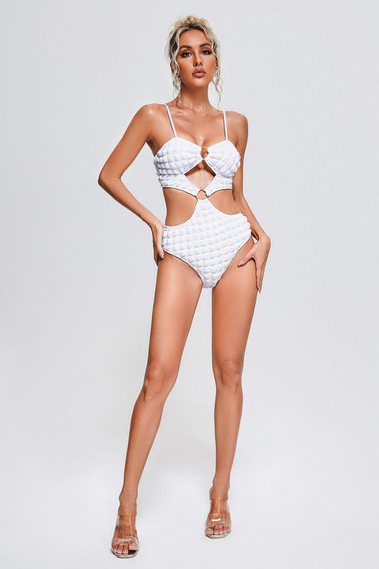 Trendy Textured White Cutout One Piece Swimsuit | Mix Mix Style